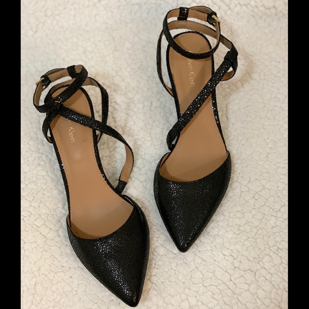 Calvin Klein Black Patent Snake Print Strap Heels
